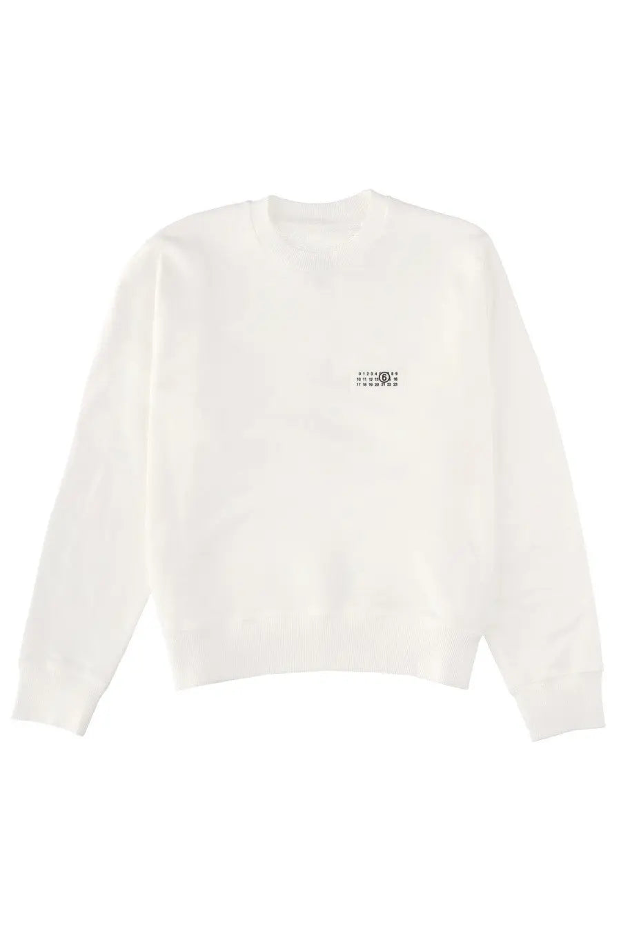 Mm6 maison margiela women’s white minimalist crewneck sweatshirt with a small black logo on the left chest