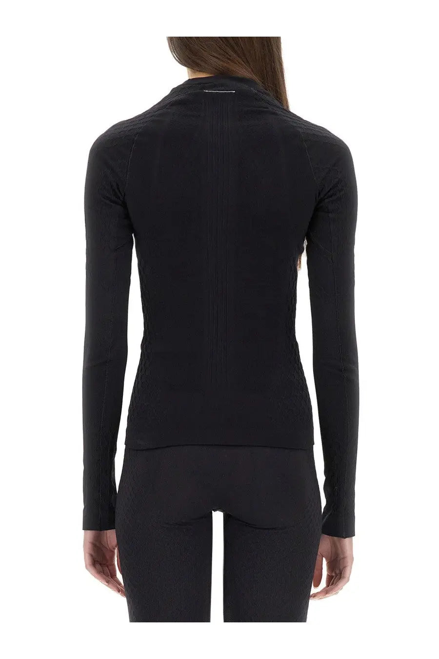 Mm6 maison margiela women’s black long-sleeved athletic top with high collar and subtle ribbed texture