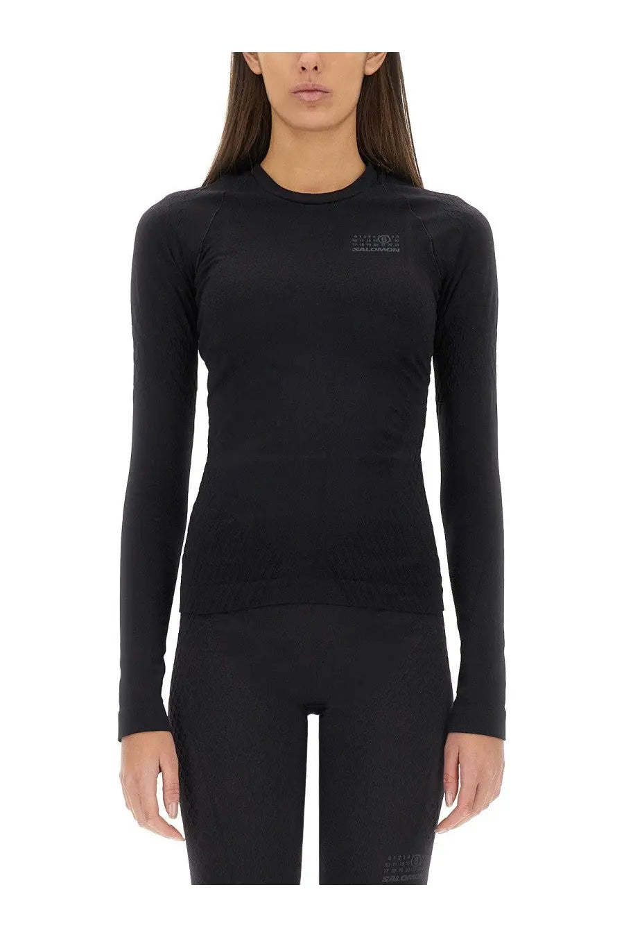 Mm6 Maison Margiela women’s black long-sleeved performance top with subtle chest logo for active wear