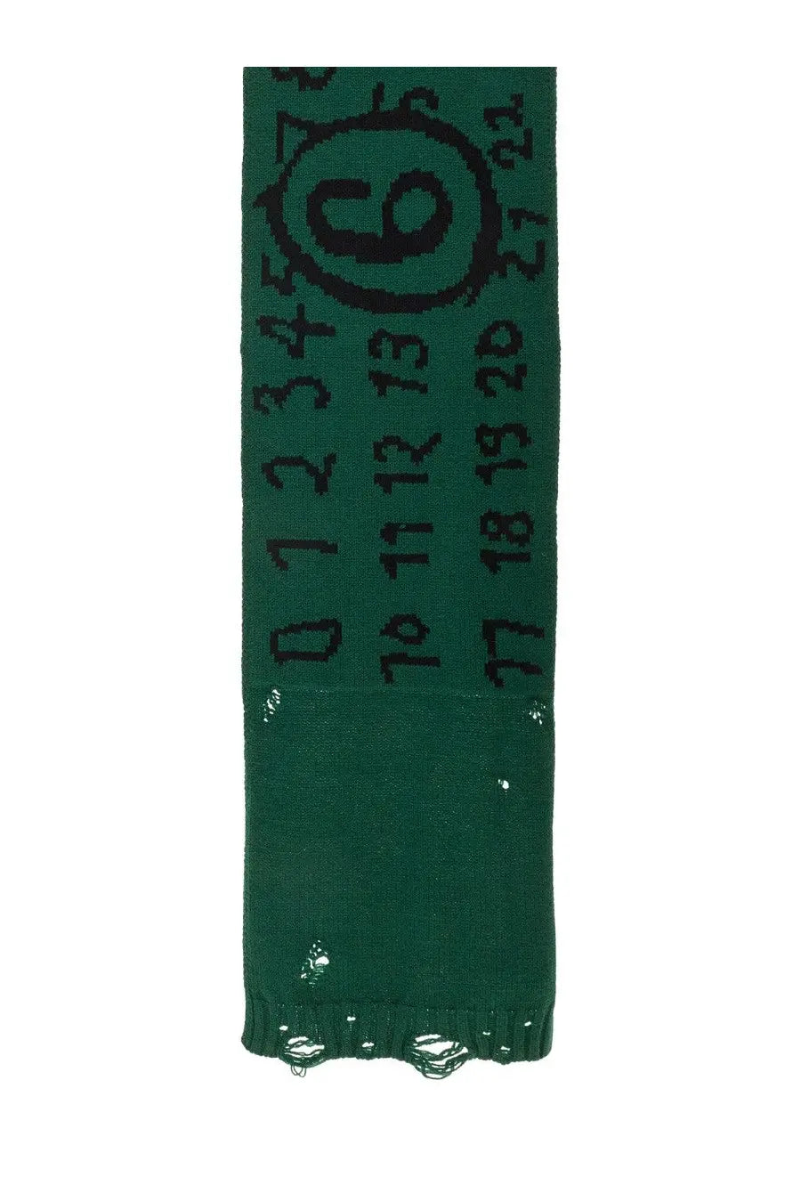 Dark green mm6 maison margiela women’s virgin wool scarf with bold black numbers and a distressed frayed hem