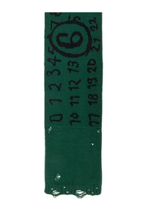 Dark green mm6 maison margiela women’s virgin wool scarf with bold black numbers and a distressed frayed hem