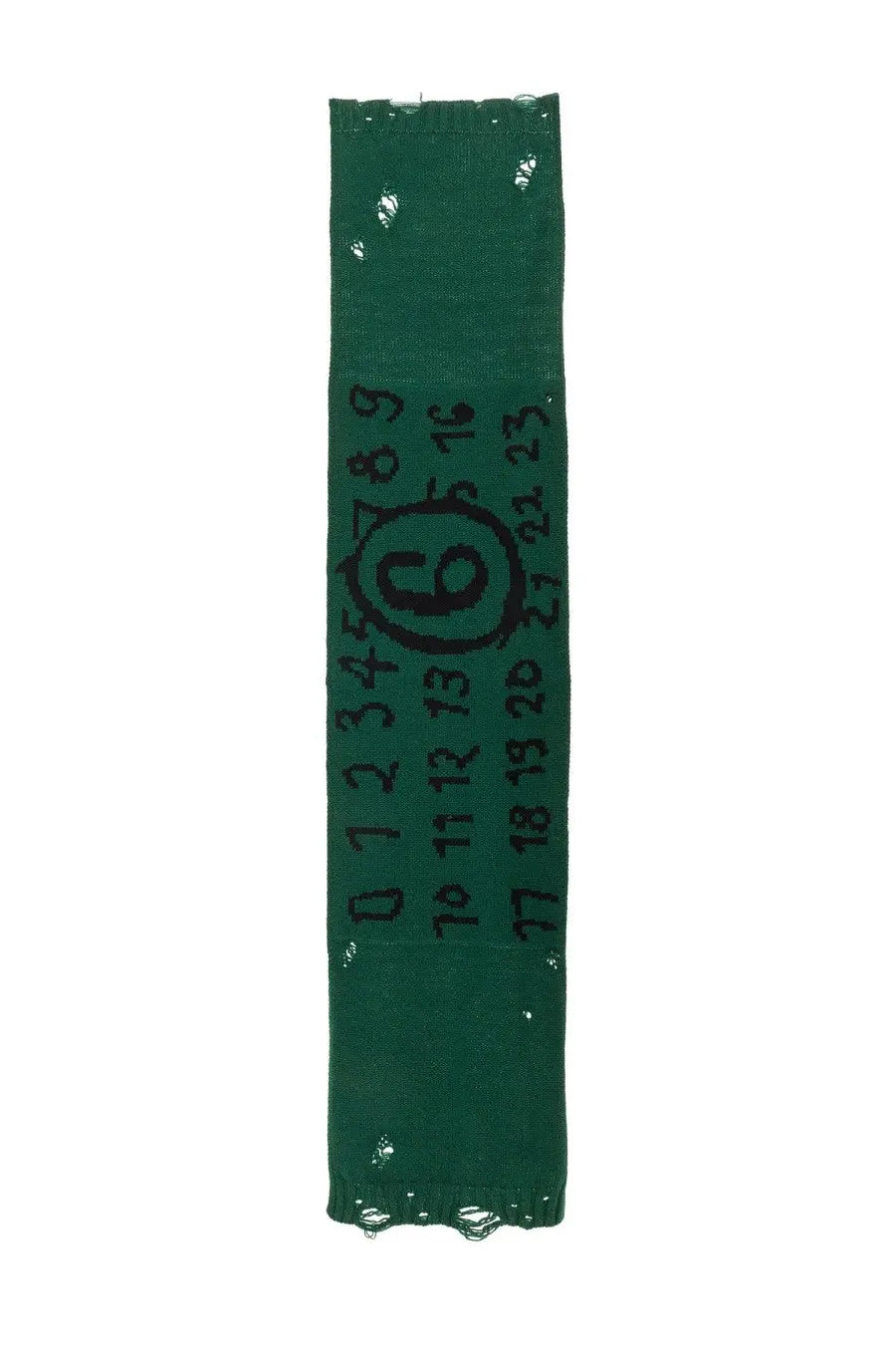 Mm6 maison margiela women’s green virgin wool scarf with dark green glossy fabric strip and black handwritten numbers