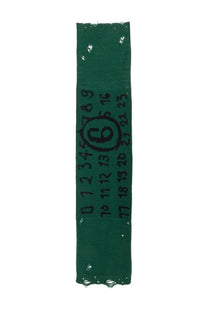 Mm6 maison margiela women’s green virgin wool scarf with dark green glossy fabric strip and black handwritten numbers