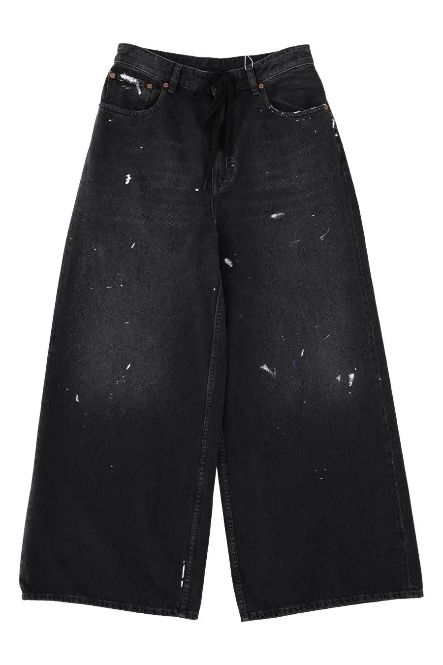 Black wide-leg denim pants with distressed paint-splatter design mm6 maison margiela women’s jeans
