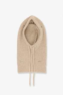 Beige wool blend ribbed knit balaclava with drawstring ties and distressed patch details by MM6 Maison Margiela
