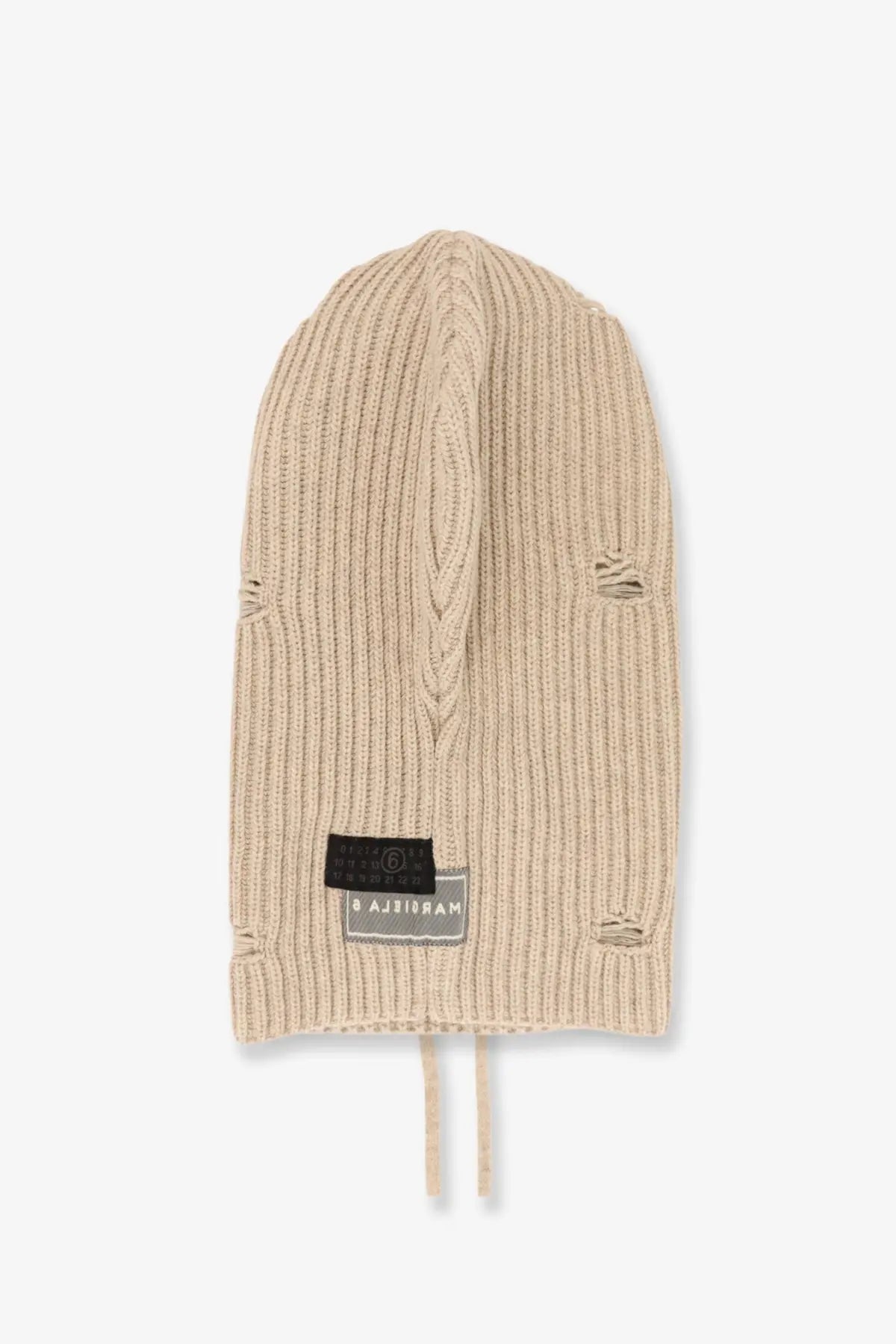 Mm6 maison margiela women’s beige wool blend ribbed knit balaclava beanie with distressed holes and black gray label