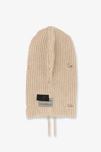 Mm6 maison margiela women’s beige wool blend ribbed knit balaclava beanie with distressed holes and black gray label