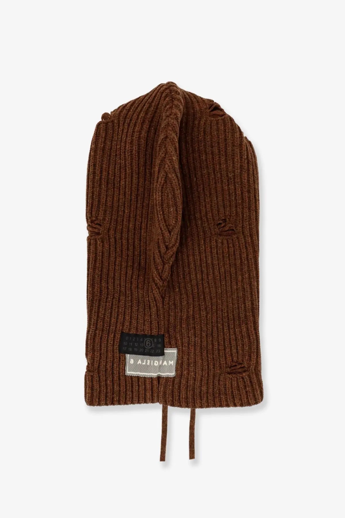 Mm6 maison margiela women’s brown wool blend balaclava beanie with ribbed knit, distressed details, and drawstring