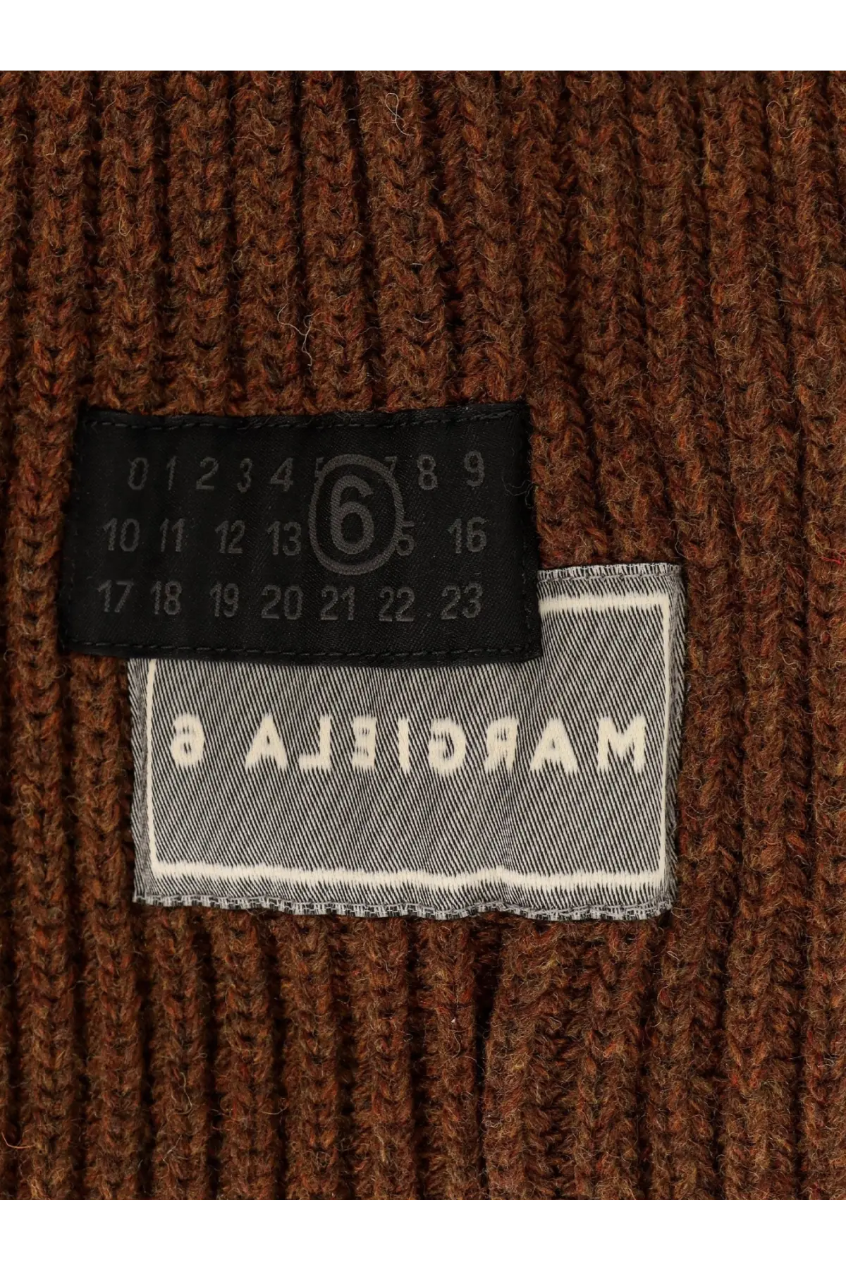 Brown ribbed knit wool blend balaclava sweater for women with black size tag and gray margiela 8 label