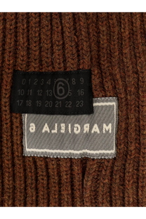 Brown ribbed knit wool blend balaclava sweater for women with black size tag and gray margiela 8 label