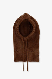 Brown ribbed wool blend balaclava with hood and drawstrings for women by mm6 maison margiela
