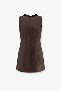 Mm6 maison margiela women wool blend short dress in brown with sleeveless herringbone pattern black collar and pockets