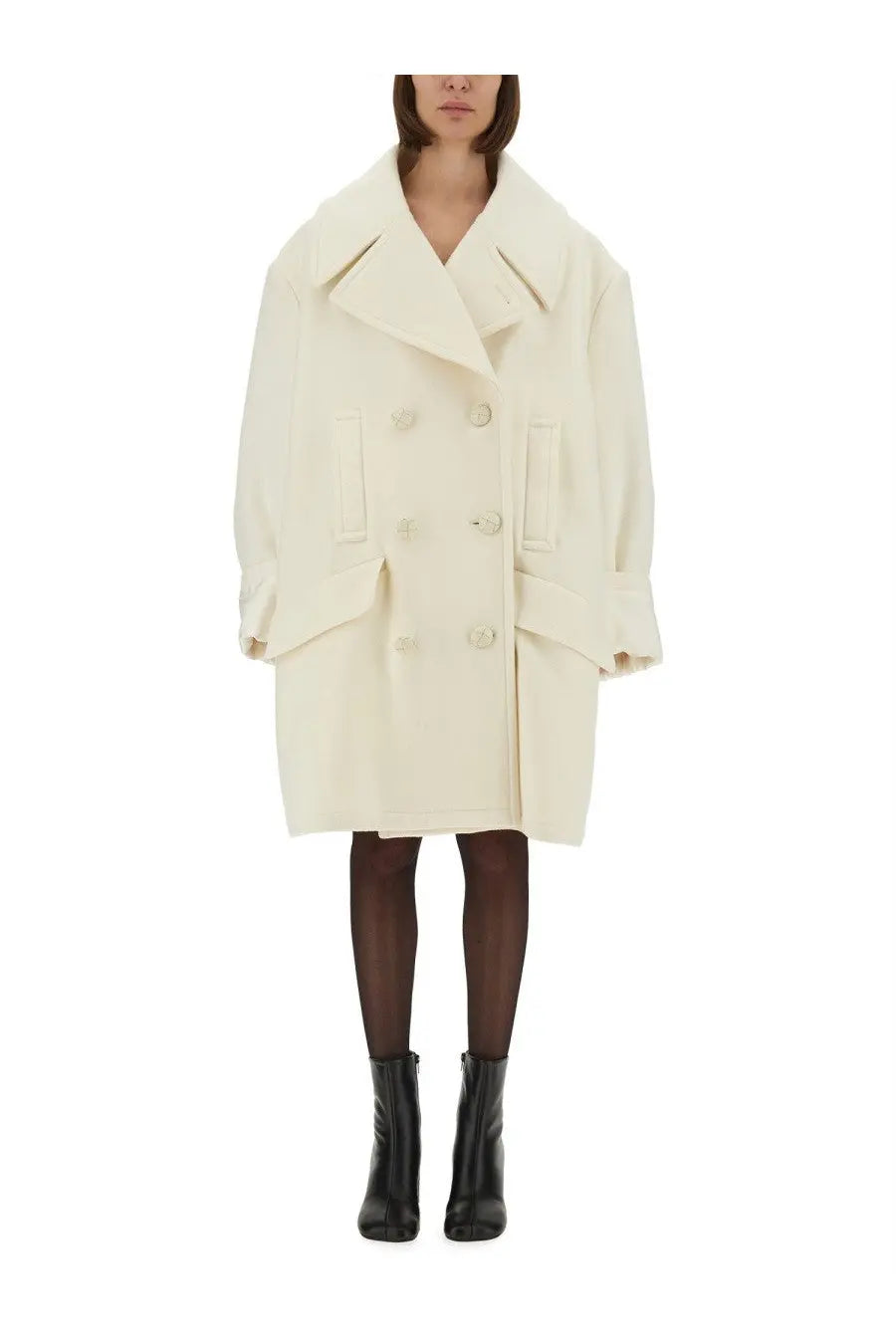 Cream-colored wool double-breasted women’s coat with wide collar and flap pockets by MM6 Maison Margiela white