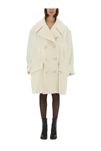 Cream-colored wool double-breasted women’s coat with wide collar and flap pockets by MM6 Maison Margiela white