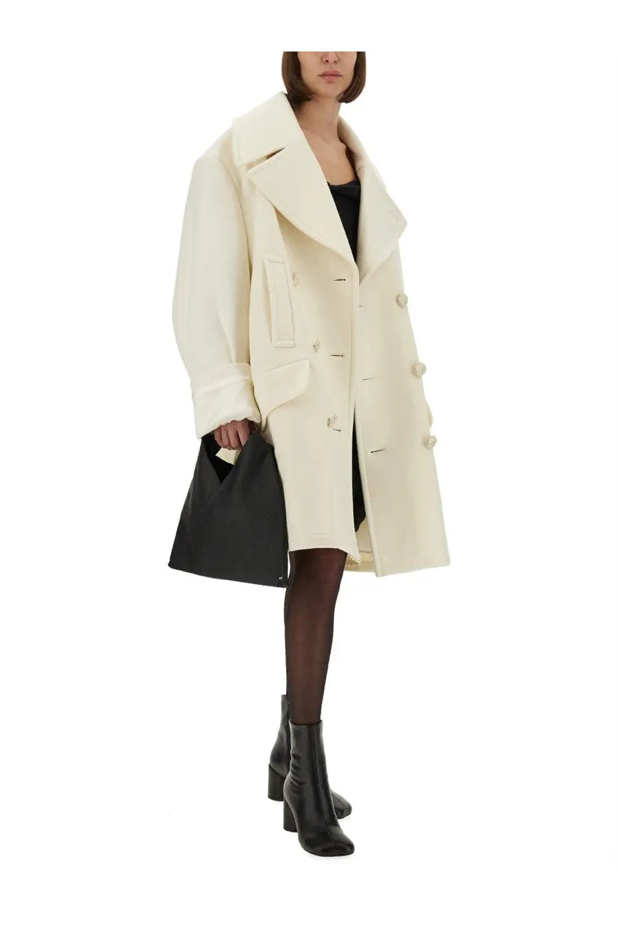 Cream-colored wool double-breasted MM6 Maison Margiela women’s coat with wide collar and rounded buttons in white