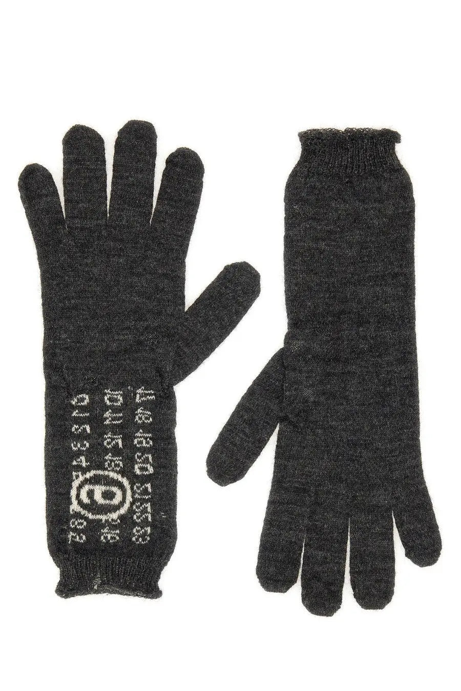 Dark gray wool knitted gloves for women by mm6 maison margiela with white embroidered logo and numbers on wristband back side