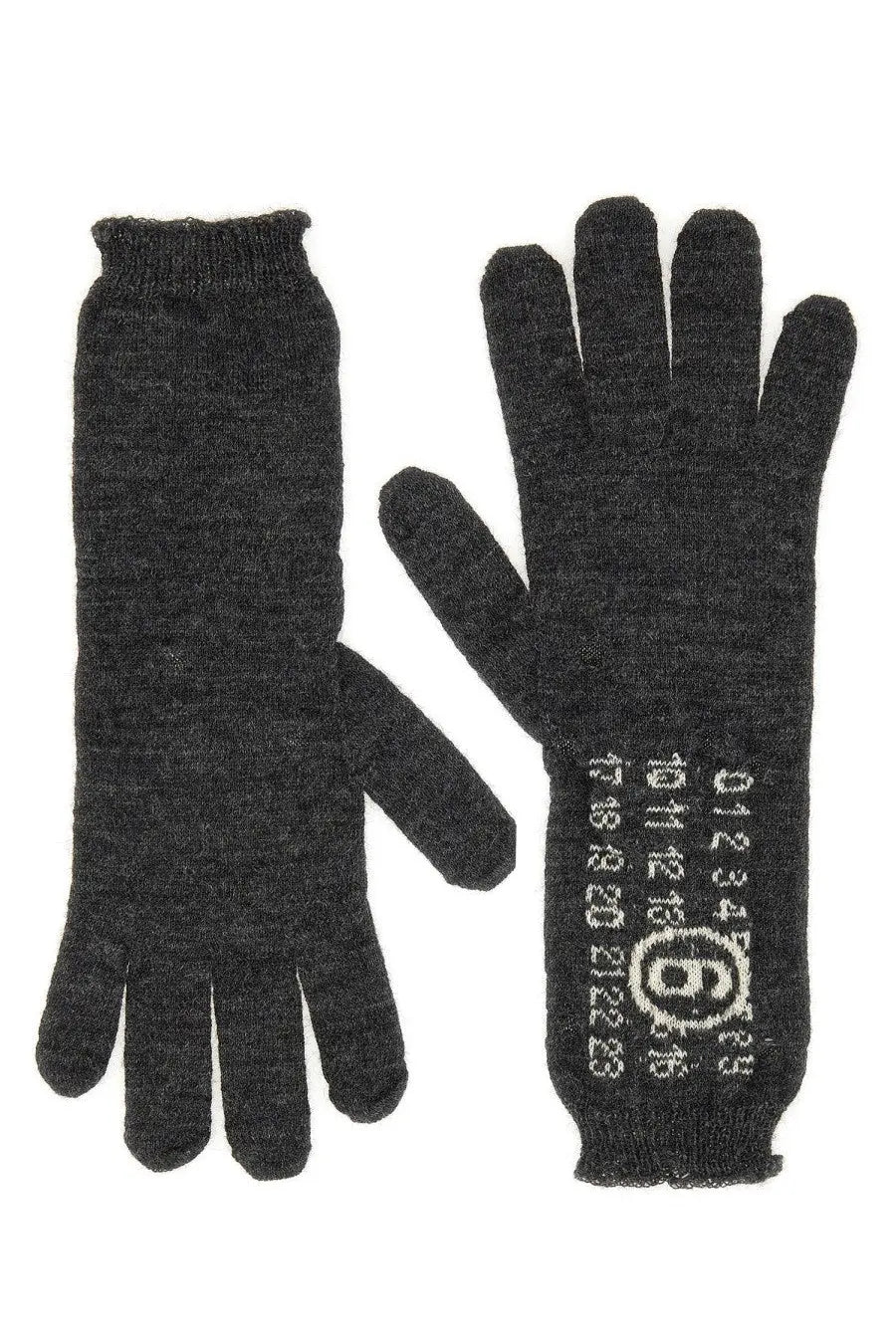 Dark gray wool MM6 Maison Margiela women’s gloves with white numerical and logo pattern on the back of one hand