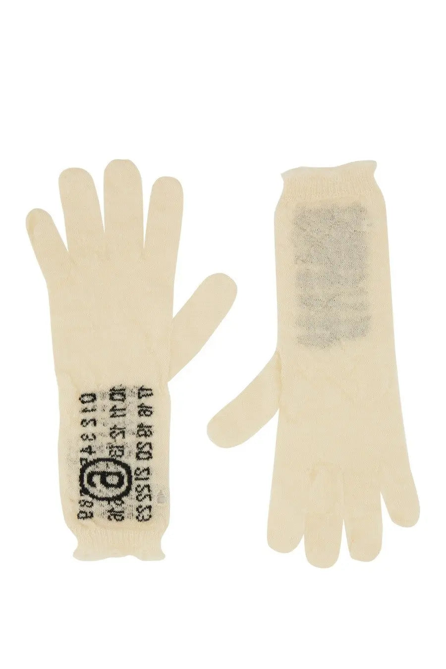 Cream-colored MM6 Maison Margiela women’s wool gloves showing the textured back with an e logo label visible