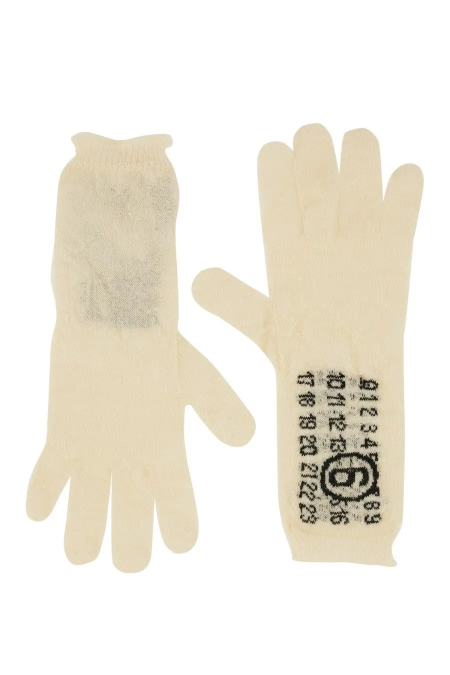 Back side of cream-colored wool knit gloves with textured pattern and black sizing print by MM6 Maison Margiela