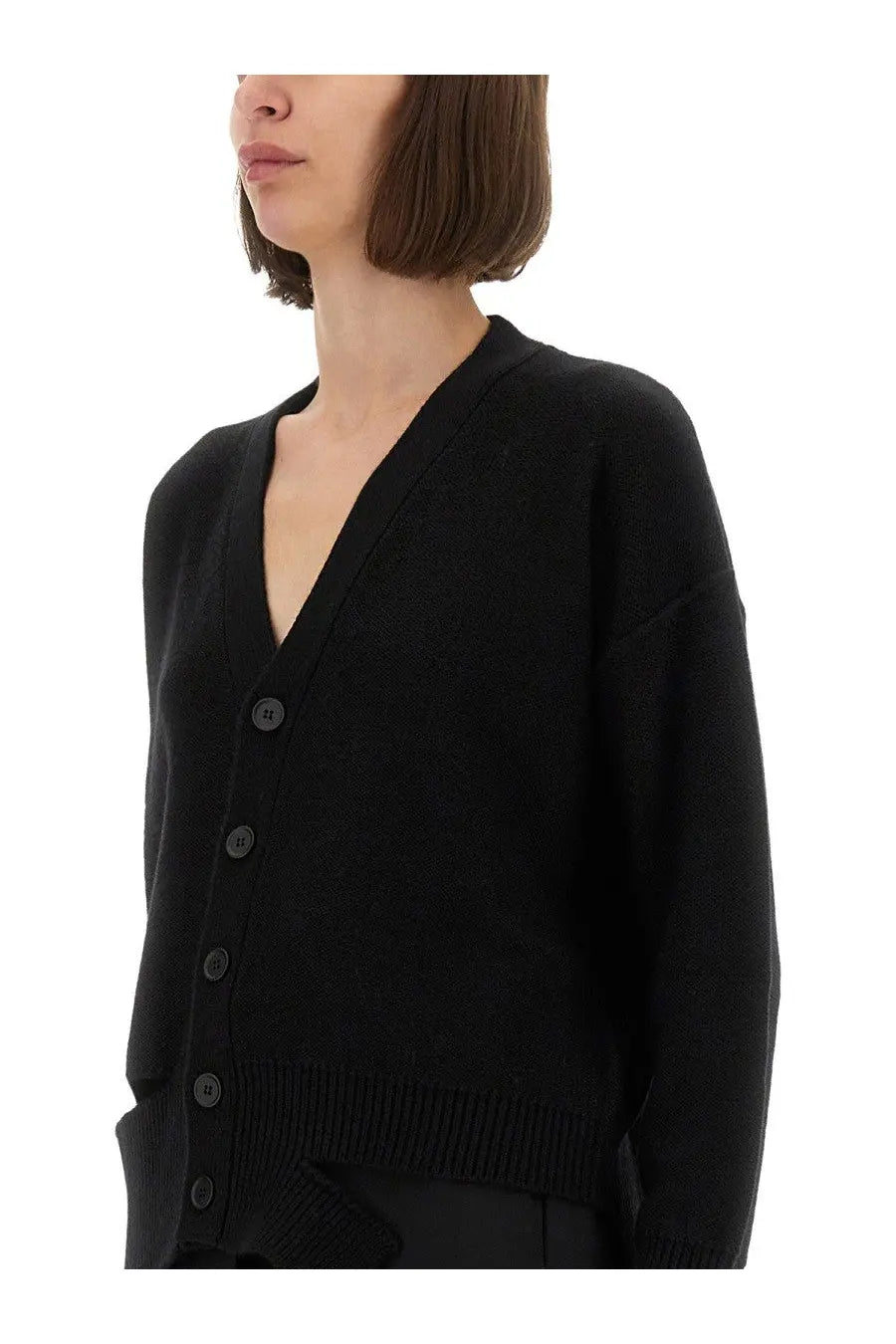 Mm6 maison margiela women’s black wool knit cardigan with v-neck dark gray buttons and ribbed cuffs