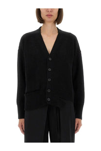 Black wool knit cardigan for women by MM6 Maison Margiela with v-neck, five dark buttons, ribbed cuffs and hem