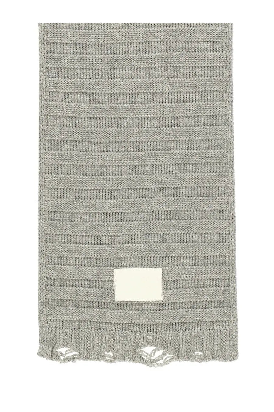 Mm6 maison margiela women’s wool scarf in grey with a ribbed knit texture, frayed edges, and a small white label