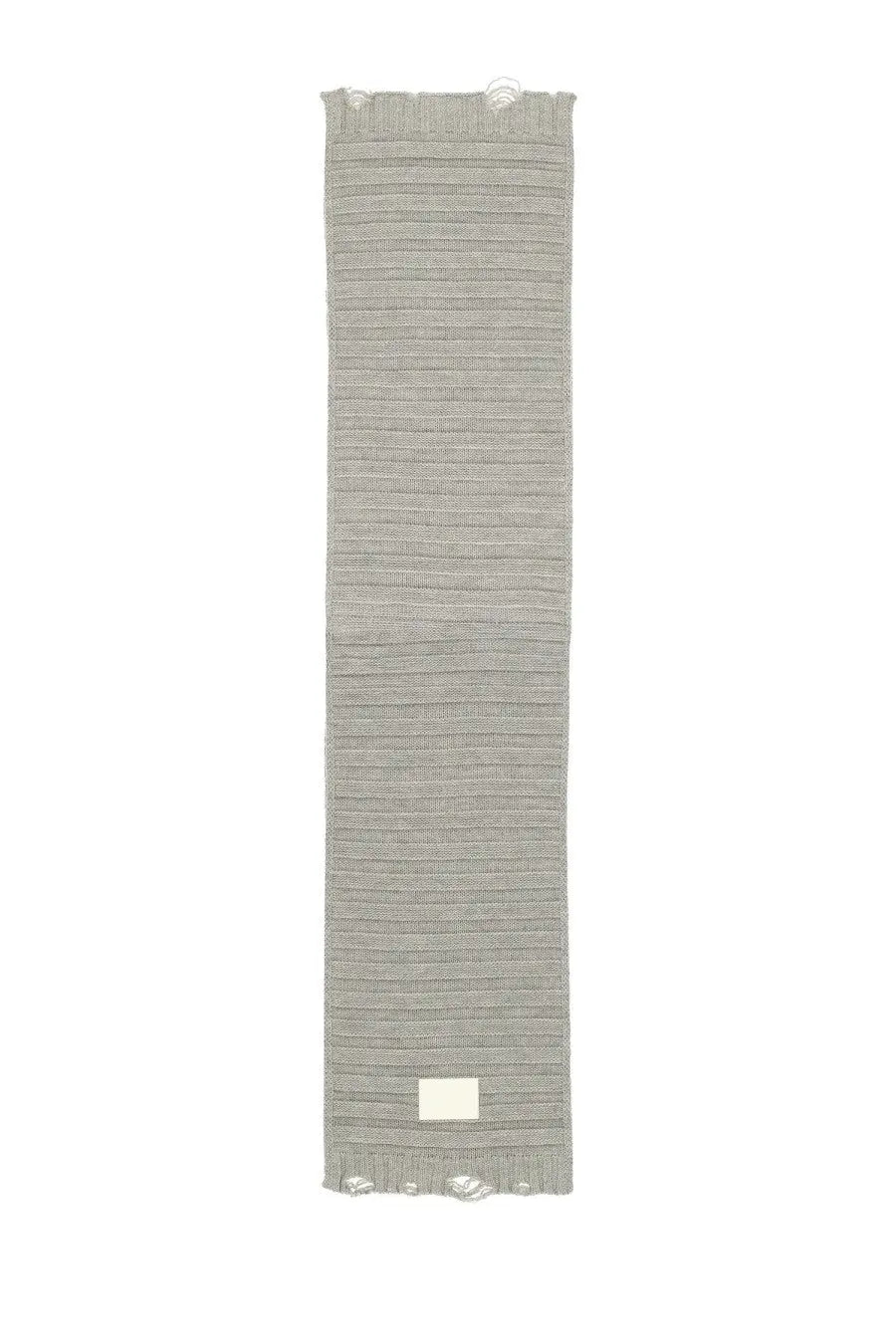 Mm6 Maison Margiela women’s long gray wool scarf with textured knit, frayed hem, and small white label at the bottom