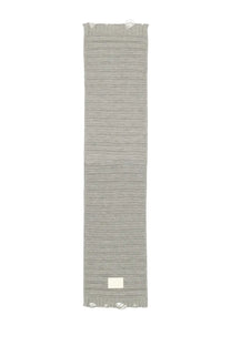 Mm6 Maison Margiela women’s long gray wool scarf with textured knit, frayed hem, and small white label at the bottom