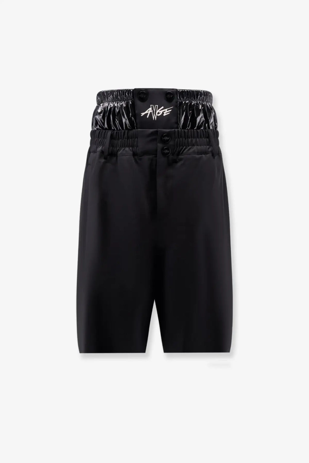 Moncler genius men’s black shorts with glossy elastic waistband, ange logo in white script, and three black front buttons