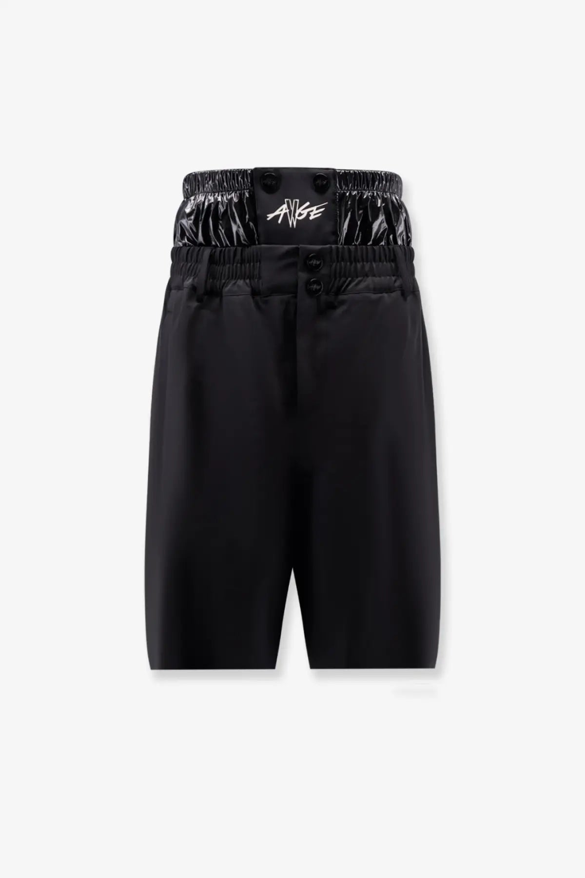 Moncler genius men’s black shorts with glossy elastic waistband, ange logo in white script, and three black front buttons