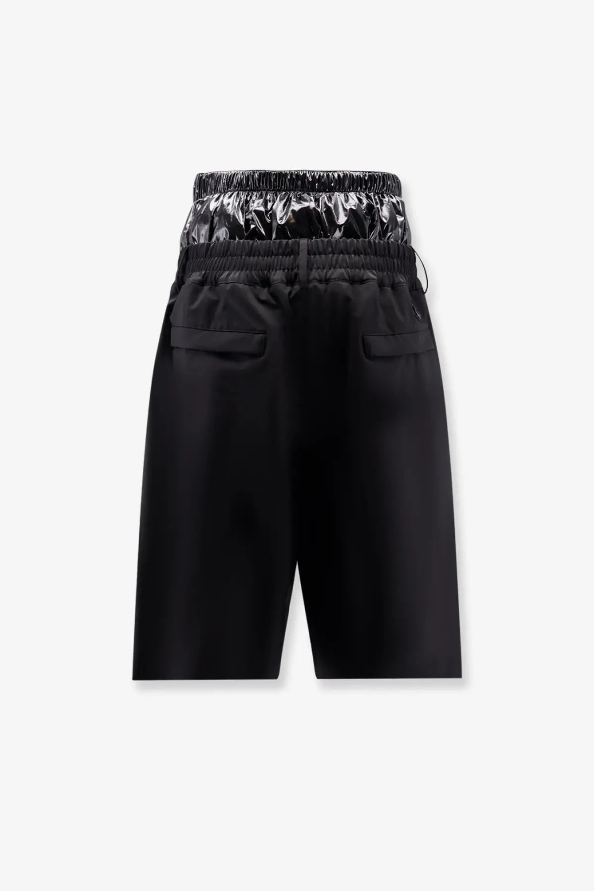 Black moncler genius men’s shorts with shiny reflective elastic waistband and two side pockets for casual wear