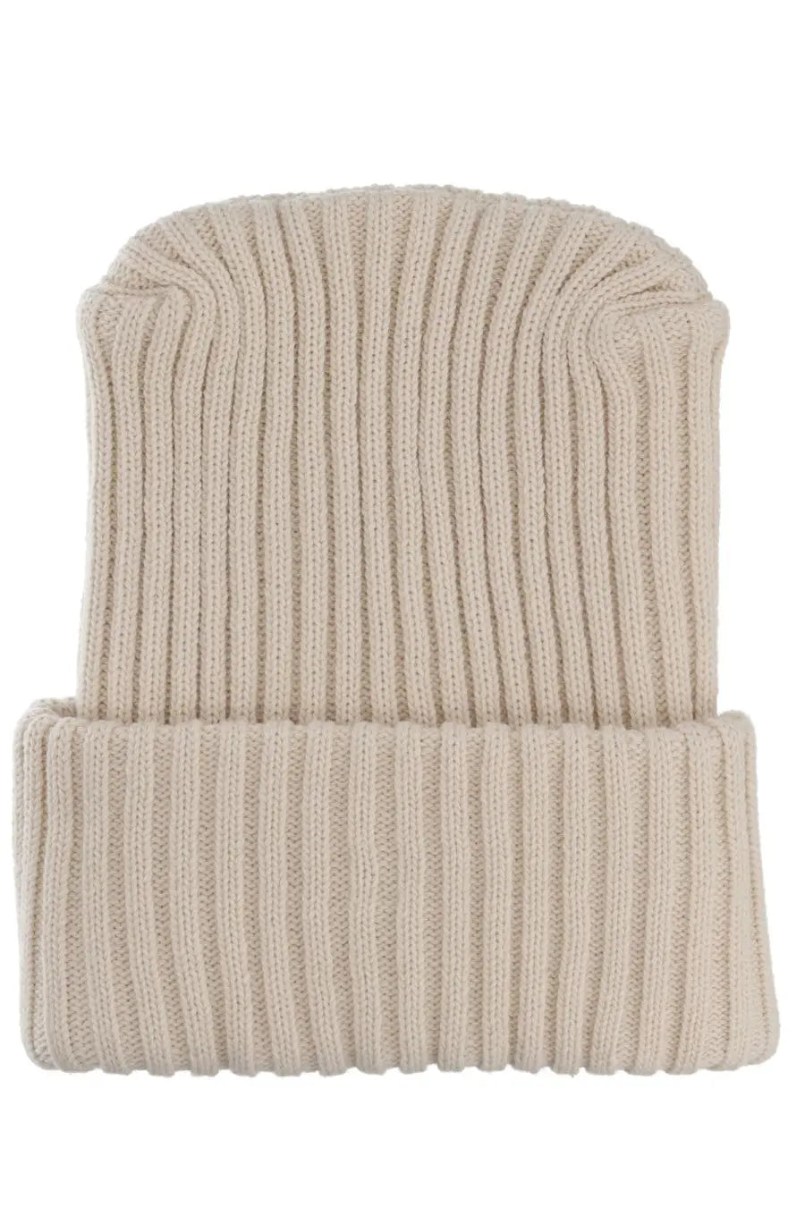 Beige ribbed knit Moncler Genius men’s wool cap with folded cuff ideal for cold weather use
