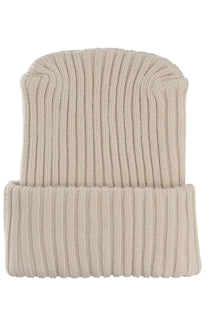 Beige ribbed knit Moncler Genius men’s wool cap with folded cuff ideal for cold weather use