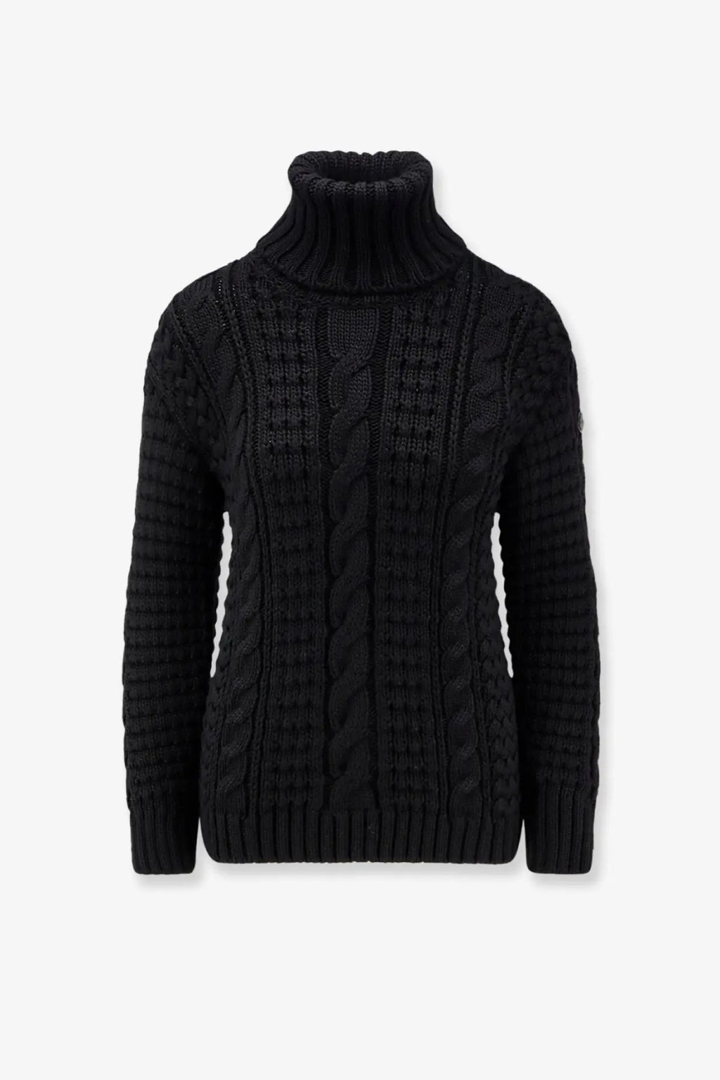 Black cable-knit turtleneck sweater with textured ribbed details by Moncler Genius womens Moncler Edward Enninful ee72