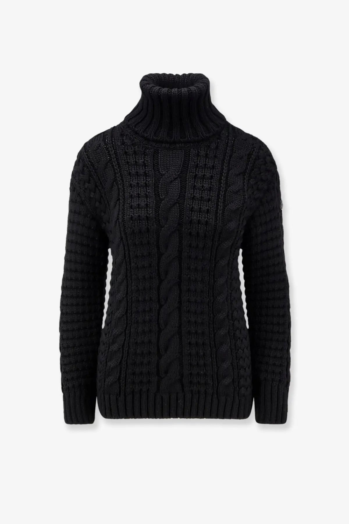 Black cable-knit turtleneck sweater with textured ribbed details by Moncler Genius womens Moncler Edward Enninful ee72