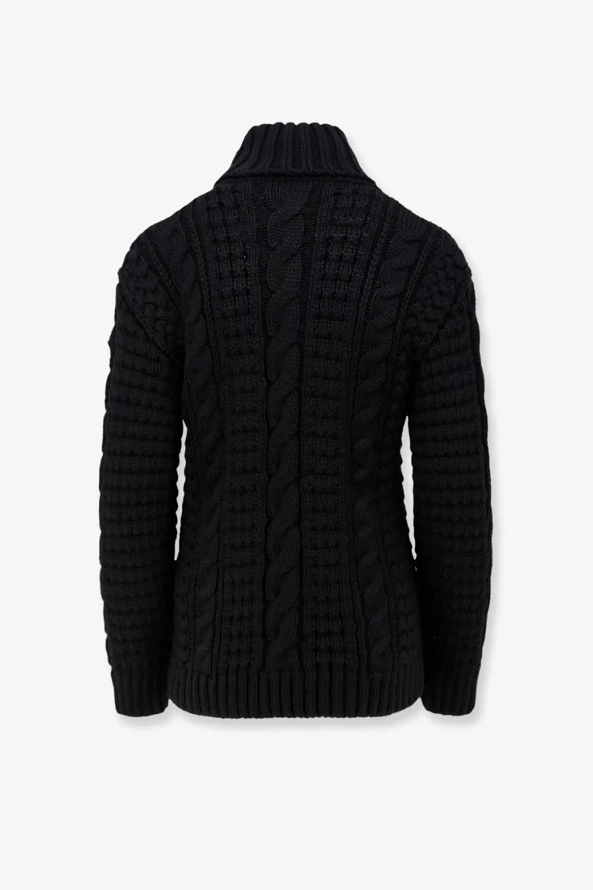 Black cable-knit turtleneck sweater with ribbed detailing from moncler genius women’s moncler edward enninful ee72 black