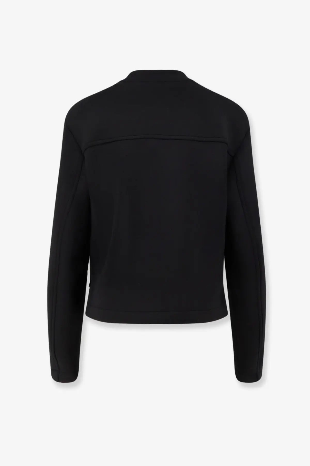 Black long-sleeved cropped jacket with sleek minimalist design in virgin wool by Moncler Genius womens collection