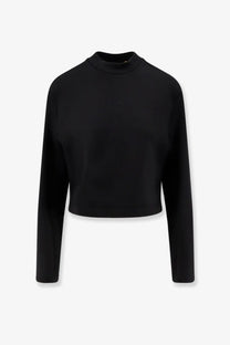 Black cropped long sleeve top with mock neck made of virgin wool from moncler genius women’s collection