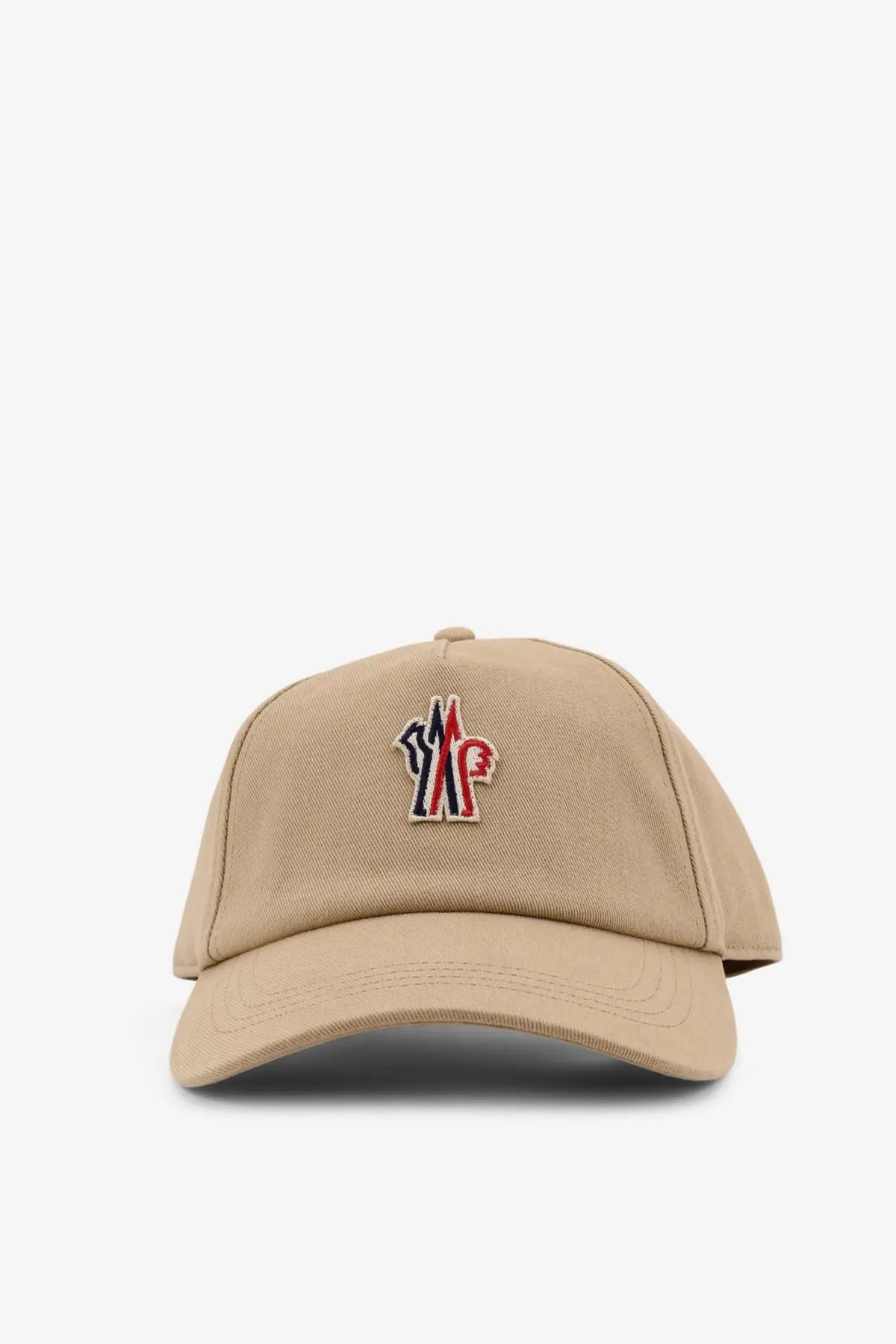 Beige Moncler Grenoble men’s cotton baseball cap with red white and navy embroidered logo on front