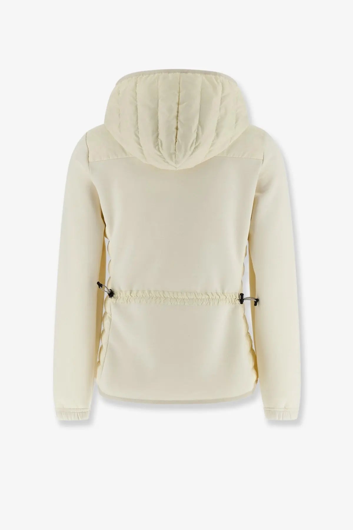 Moncler Grenoble women’s cream-colored neoprene quilted hooded jacket with drawstring waist and black toggle closures