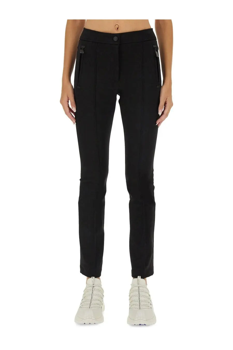 Moncler Grenoble women’s black tailored trousers with sleek straight-leg cut and subtle side zippers