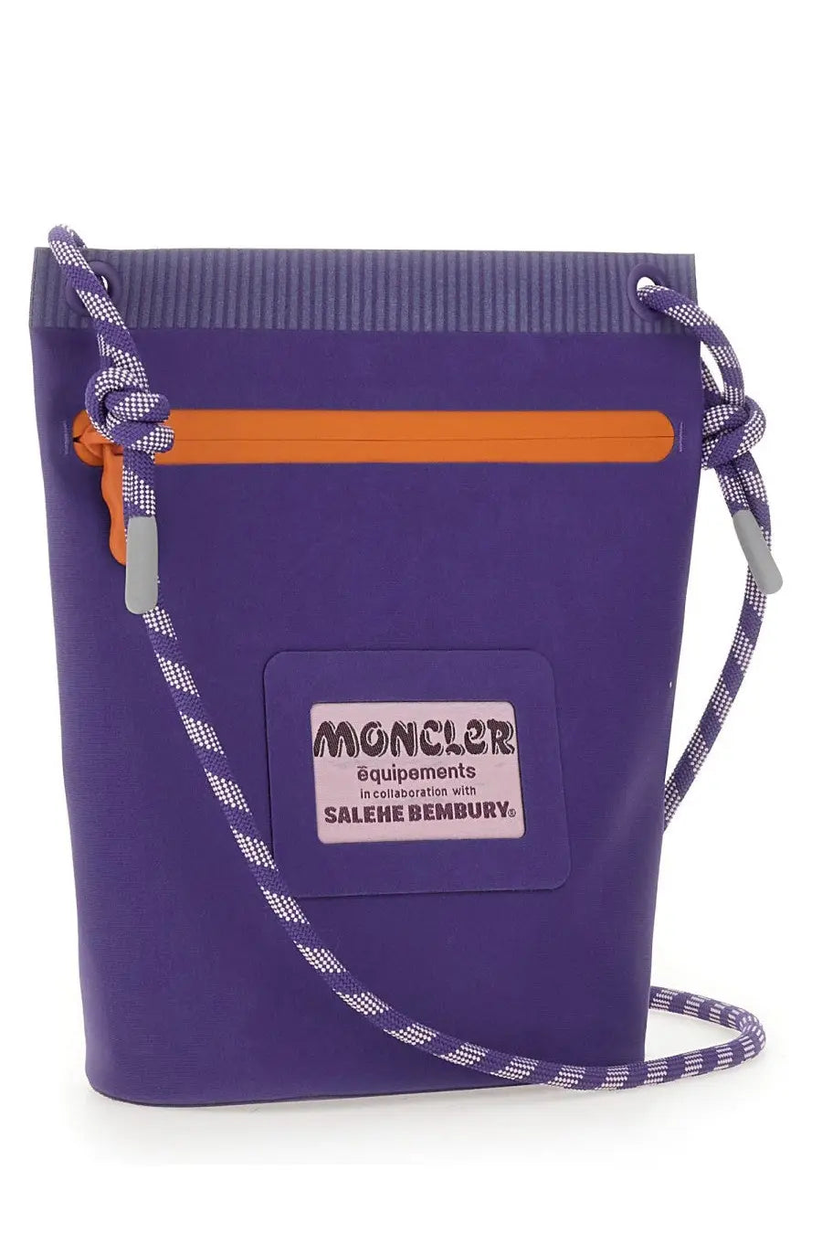 Moncler men’s amoeba by Salehe Bembury clutch bag in purple with orange zipper and patterned rope strap
