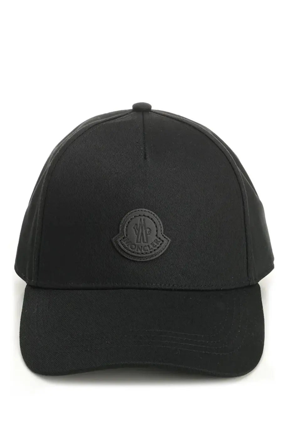 Moncler men’s black baseball hat featuring a matching embroidered logo patch on the front in durable fabric