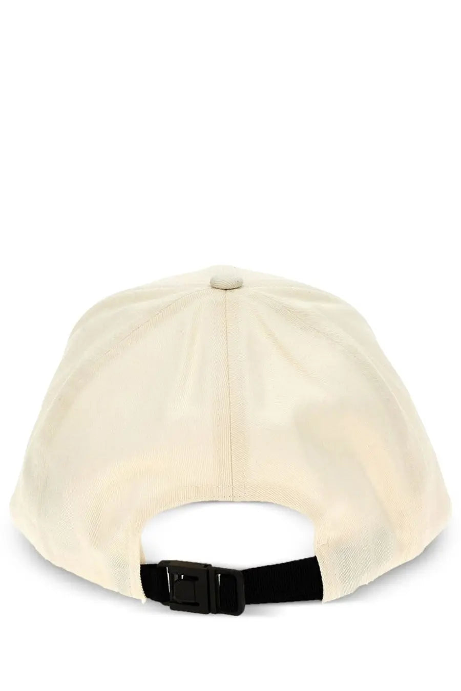 Cream-colored moncler men’s baseball cap with black adjustable strap and buckle shown from the back side