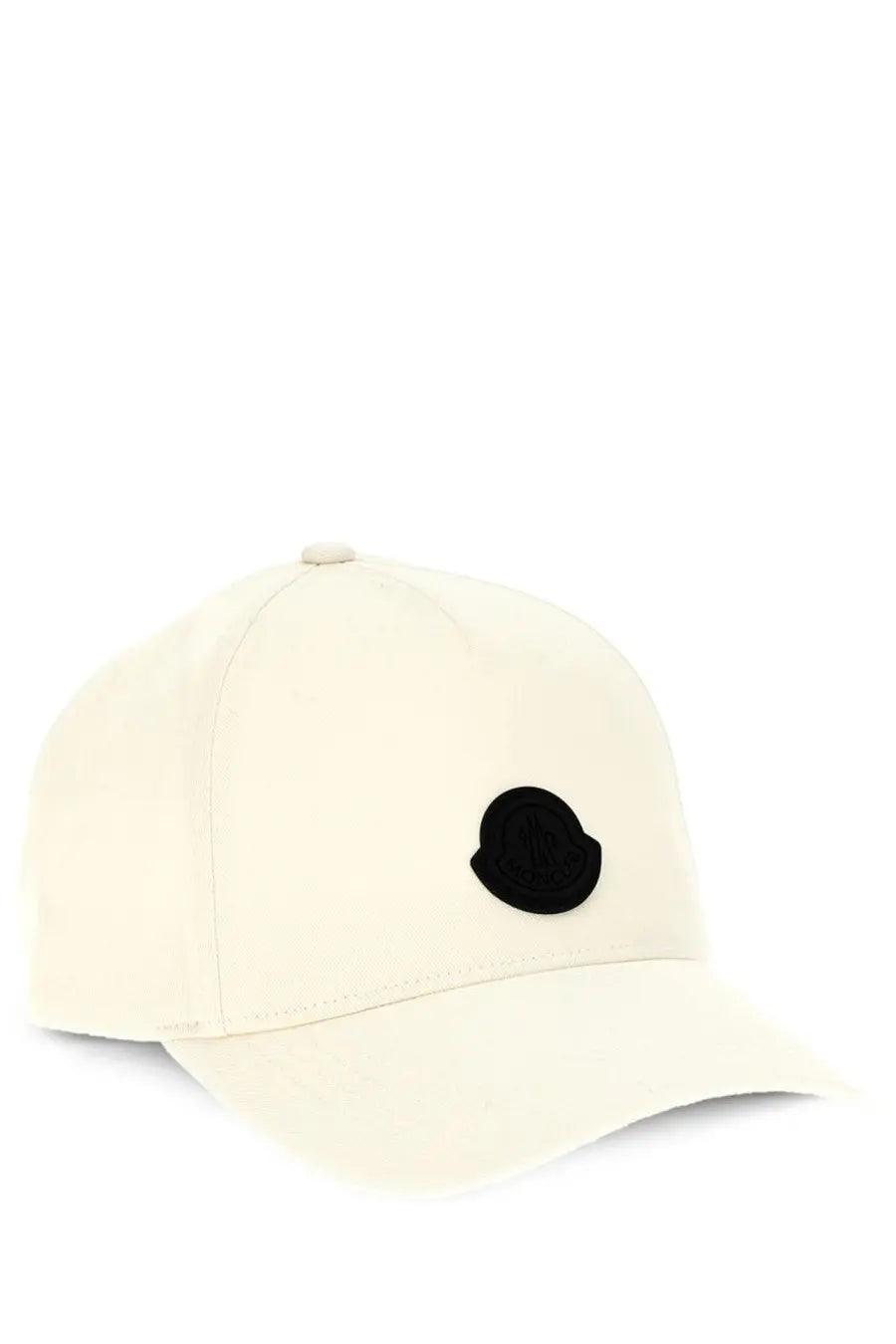 Moncler men’s cream-colored baseball cap with black embroidered logo on the front in lightweight fabric