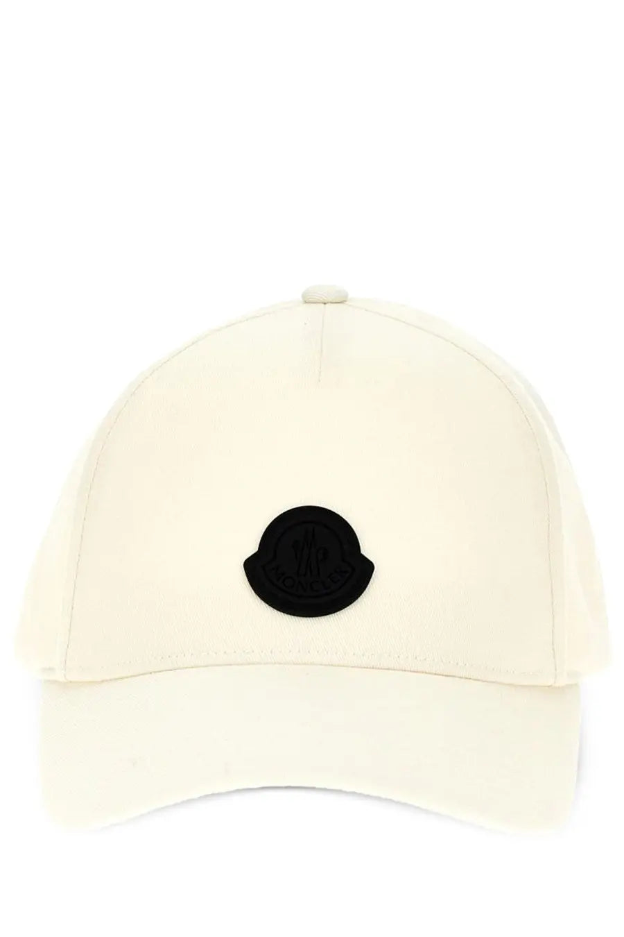Moncler men’s cream-colored baseball cap with black embroidered logo patch on the front for casual wear