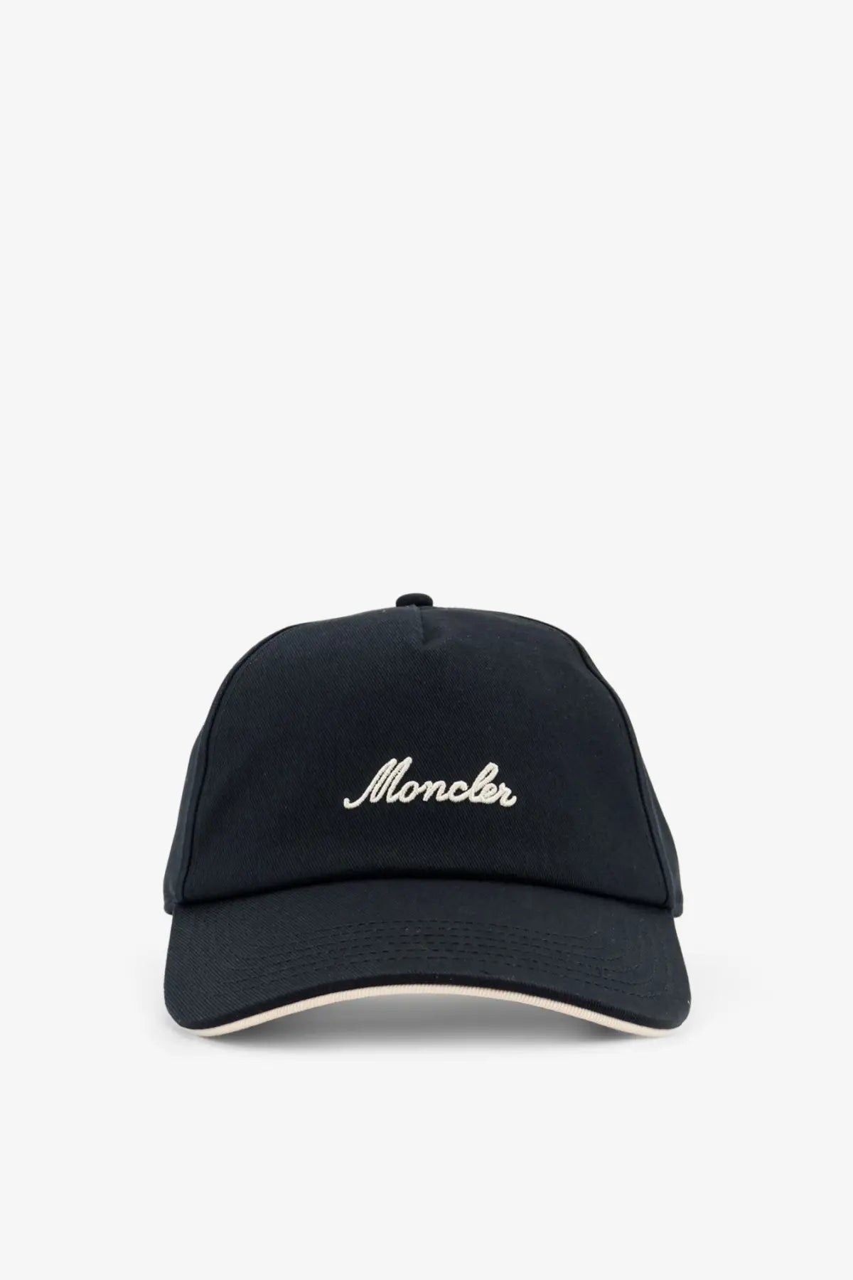 Moncler men’s black cotton baseball hat with white embroidered logo and beige trim