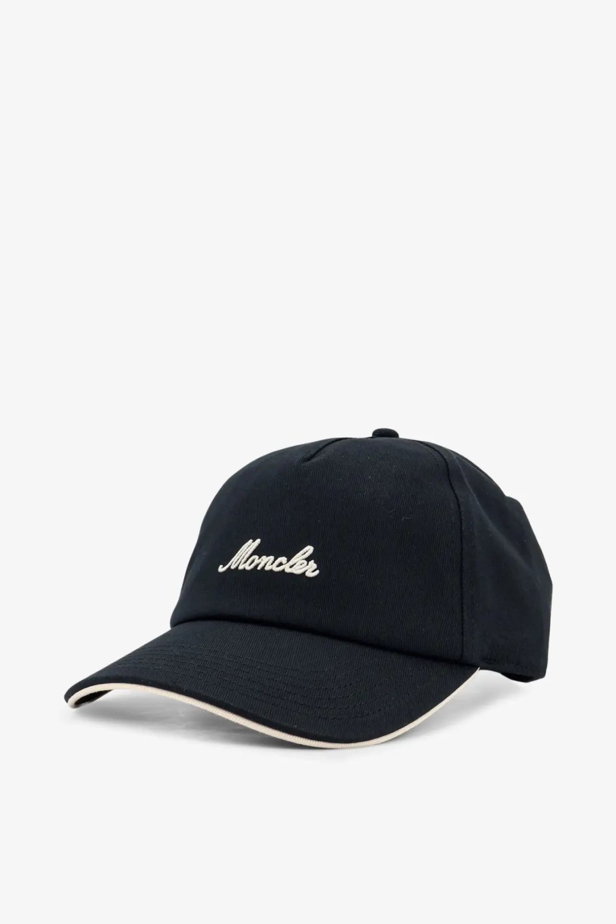 Moncler men’s black cotton baseball cap with white embroidered logo and contrasting cream brim