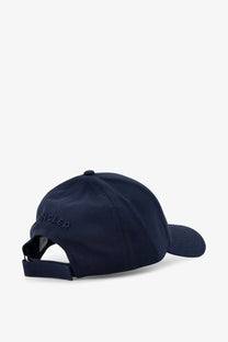Dark navy moncler men’s cotton baseball hat showing the back with subtle embroidered branding in blue