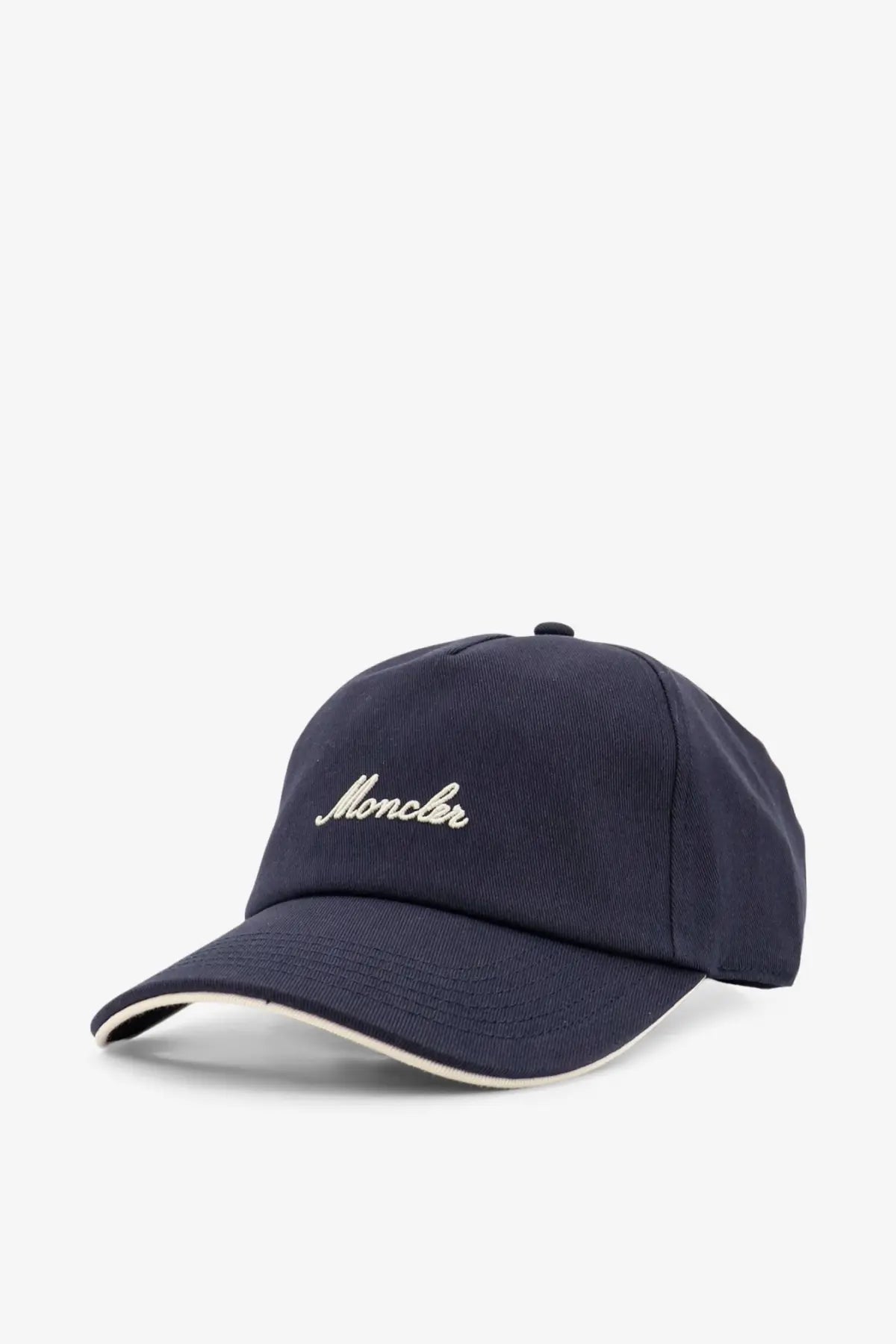 Navy blue Moncler men’s cotton baseball hat with cream embroidered logo and matching trim in grey style